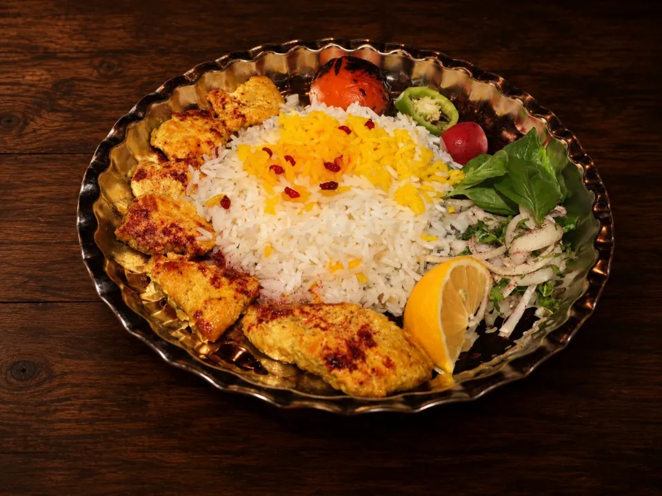 Grilled chicken kebab with saffron rice