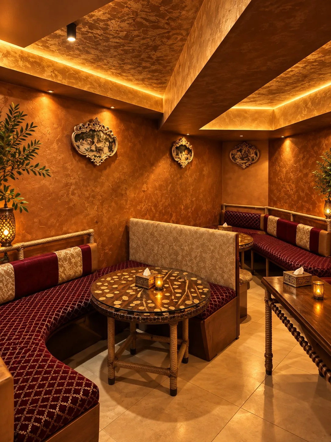 A corner booth in deep red velvet around a round inlaid table, gold walls and candlelight